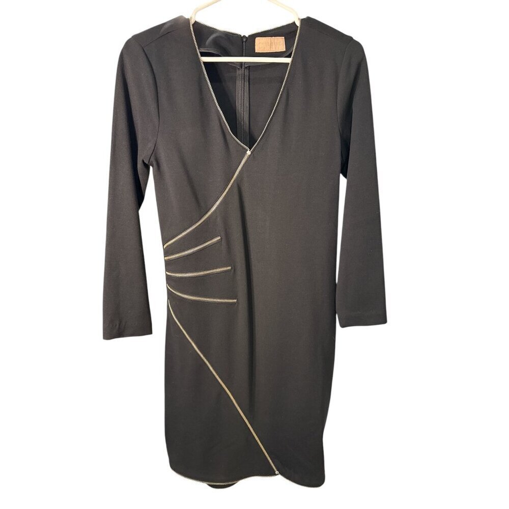 Cureté Black Long Sleeve Dress With Gold Zipper Detail Size 2 Pre-Owned Good Con